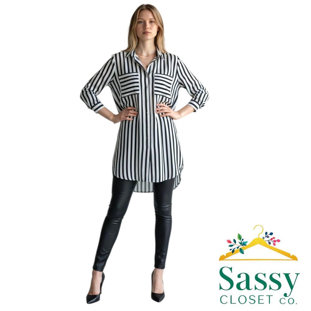 MONTEAU Black White Striped Blouse L Hidden Button Hi Low Tunic Top EUC